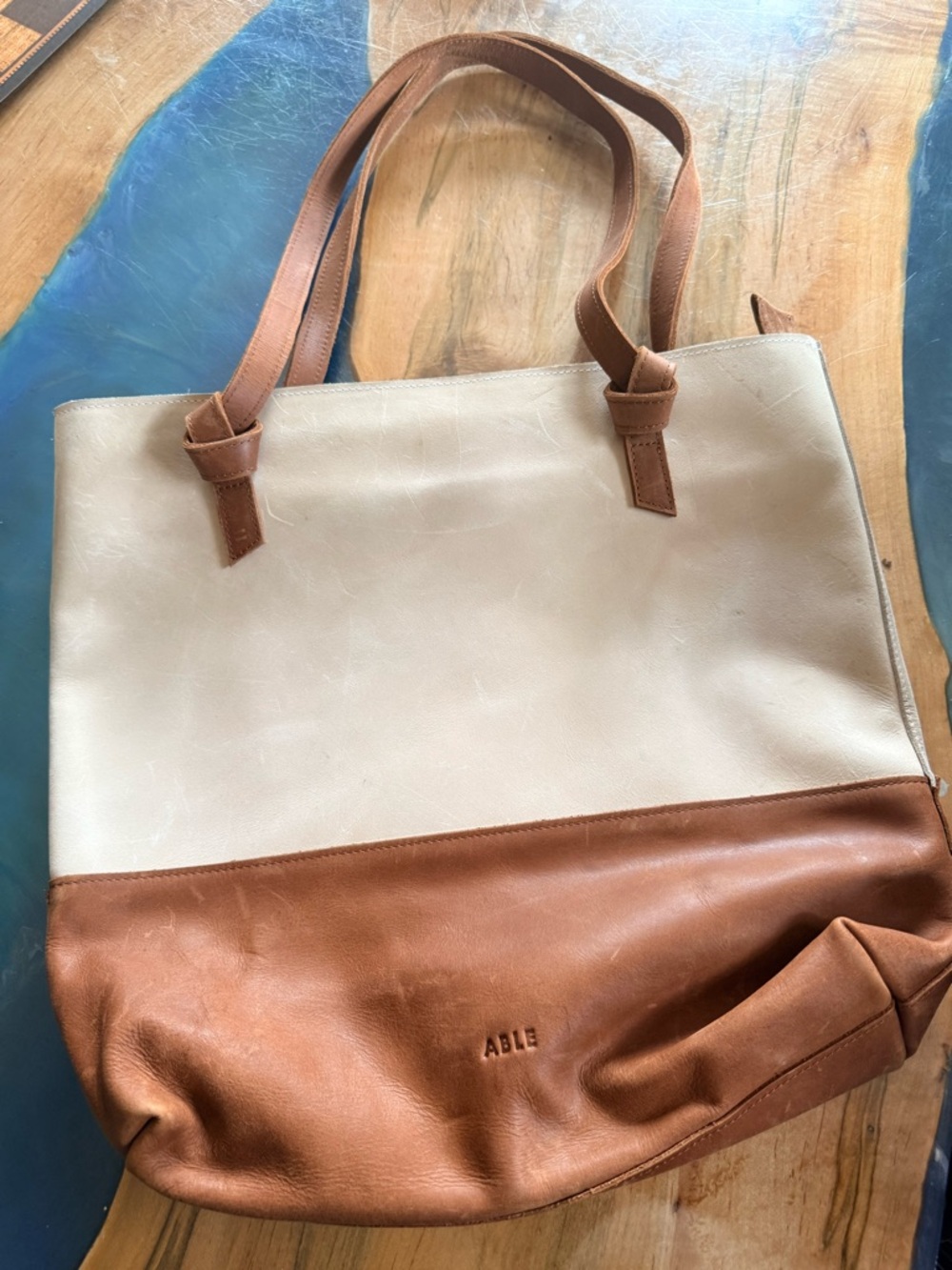 ABLE Two-Tone Cream and Brown Leather Tote